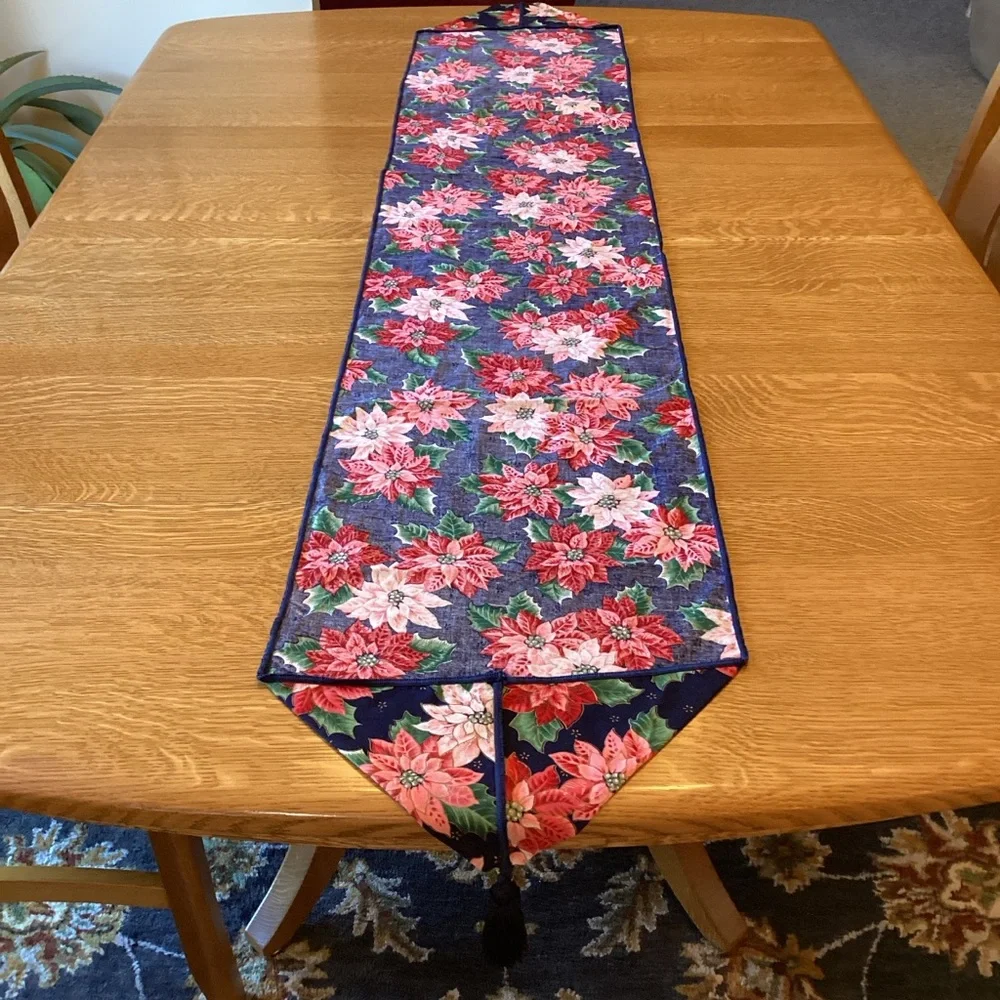 Christmas Table Runner Poinsettias 69 X 13 Blue Background Tassels Holiday Linen